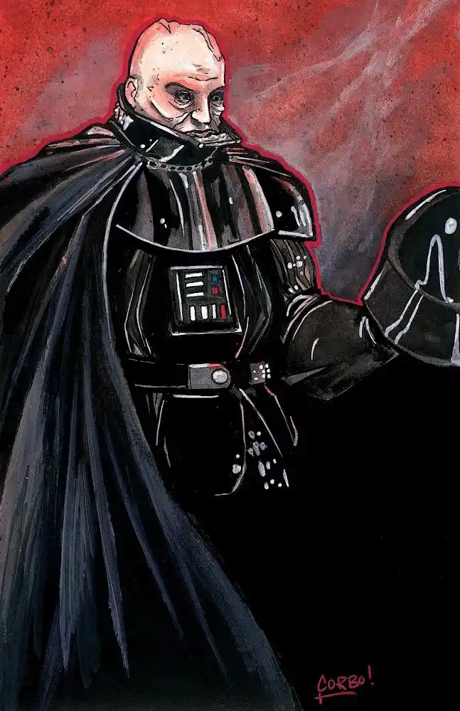 A painted illustration of a bald, bearded man in a black Darth Vader-style suit and cape, holding a helmet, against a red…
