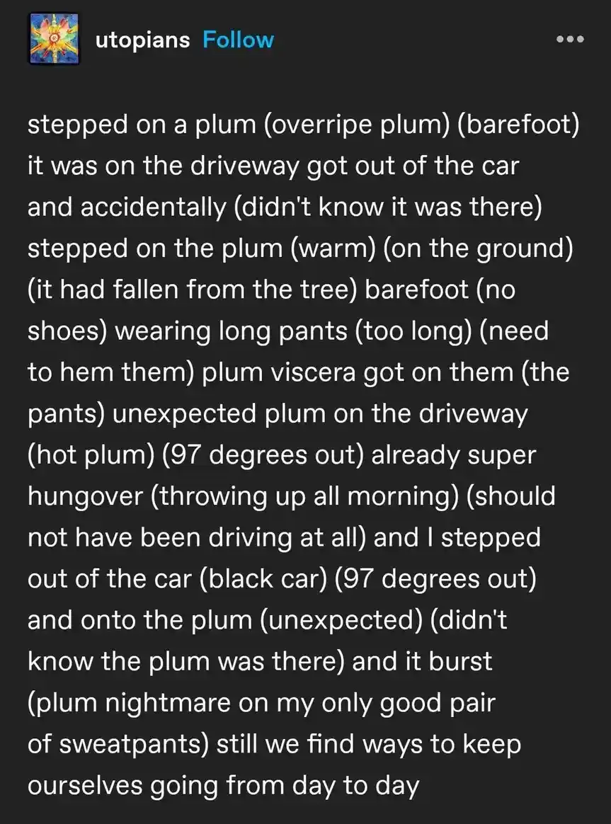 The image displays a screenshot of a social media post with white text on a dark background. The text is a long, detailed…
