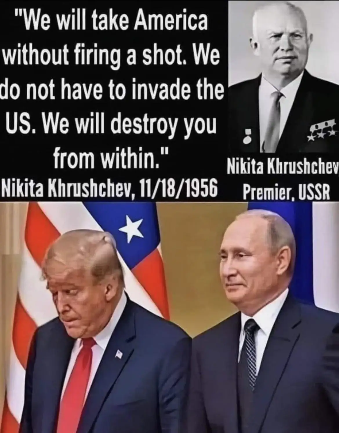 The image displays a split-screen: the top half shows a black-and-white photo of Nikita Khrushchev with his quote about…