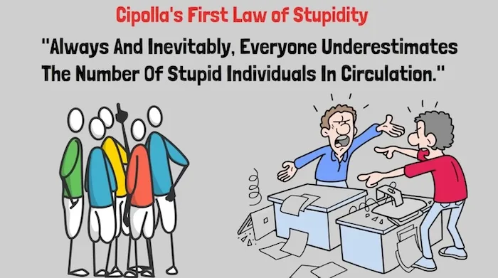 A cartoon depicts a group of five faceless stick figures standing calmly on the left, while on the right, two angry men in…
