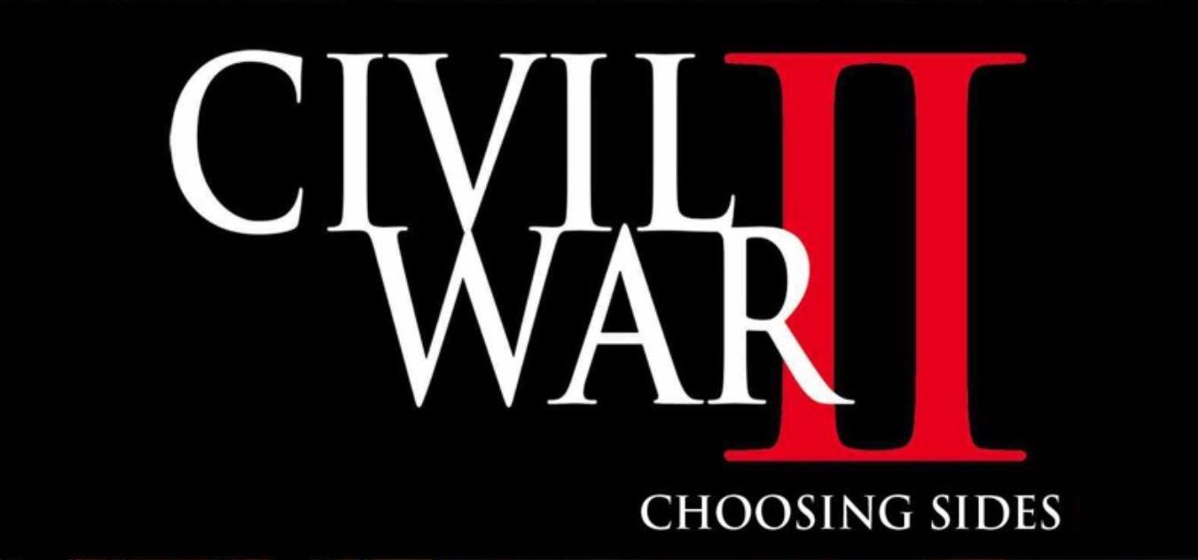 The image displays the official title logo for the Marvel Cinematic Universe film 'Civil War II' against a black background…