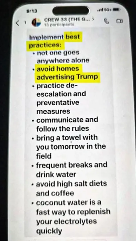 A screenshot of a group chat titled 'CREW 33 (THE G...)' shows a list titled 'Implement best practices' with several bullet…