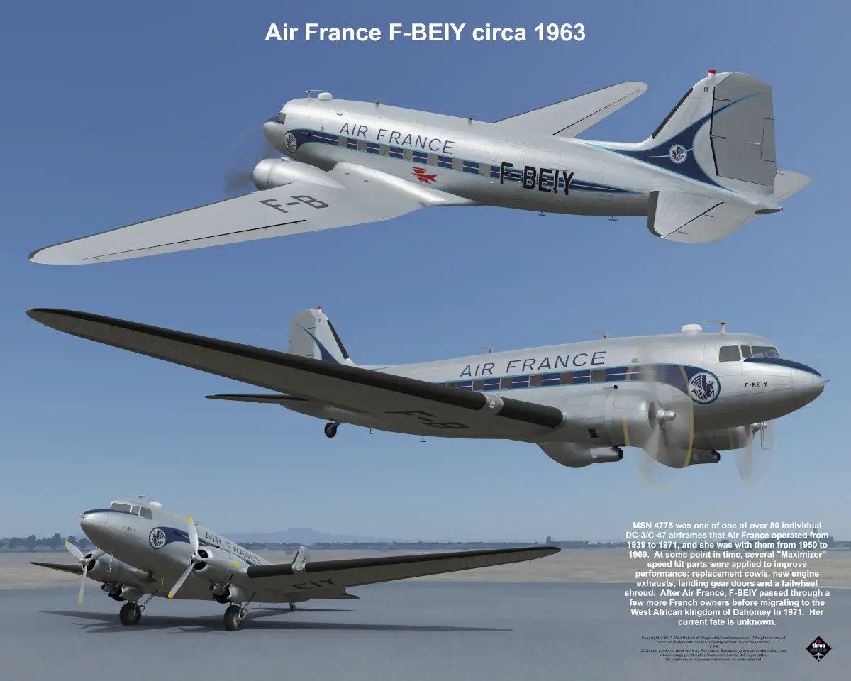 The image displays three views of an Air France DC-3/C-47 aircraft, registration F-BEIY, from circa 1963, shown in flight…