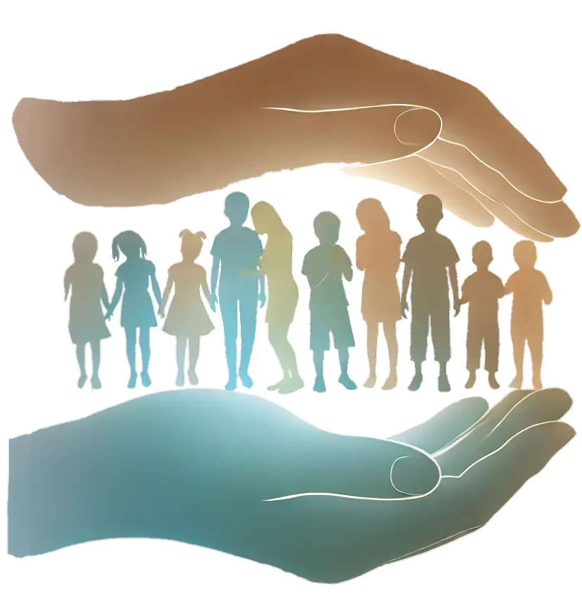 A large hand above and a large hand below form a protective arch over a group of child silhouettes. The overlaid text reads…