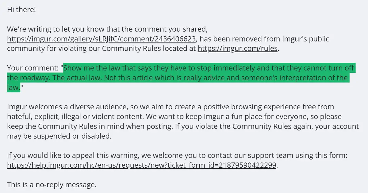 An Imgur community moderation notice email highlights a user's comment demanding the 'actual law' instead of an article they…