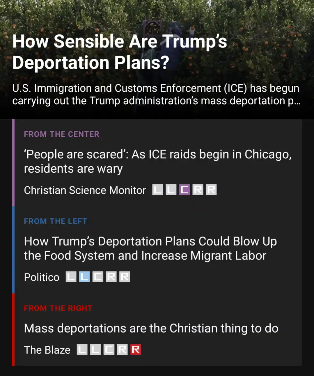 The image shows a news article headline asking 'How Sensible Are Trump's Deportation Plans?' overlaid on a photo of a person…