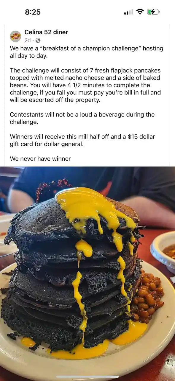 A screenshot of a social media post from 'Celina 52 diner' advertising a 'breakfast of a champion challenge' with rules…