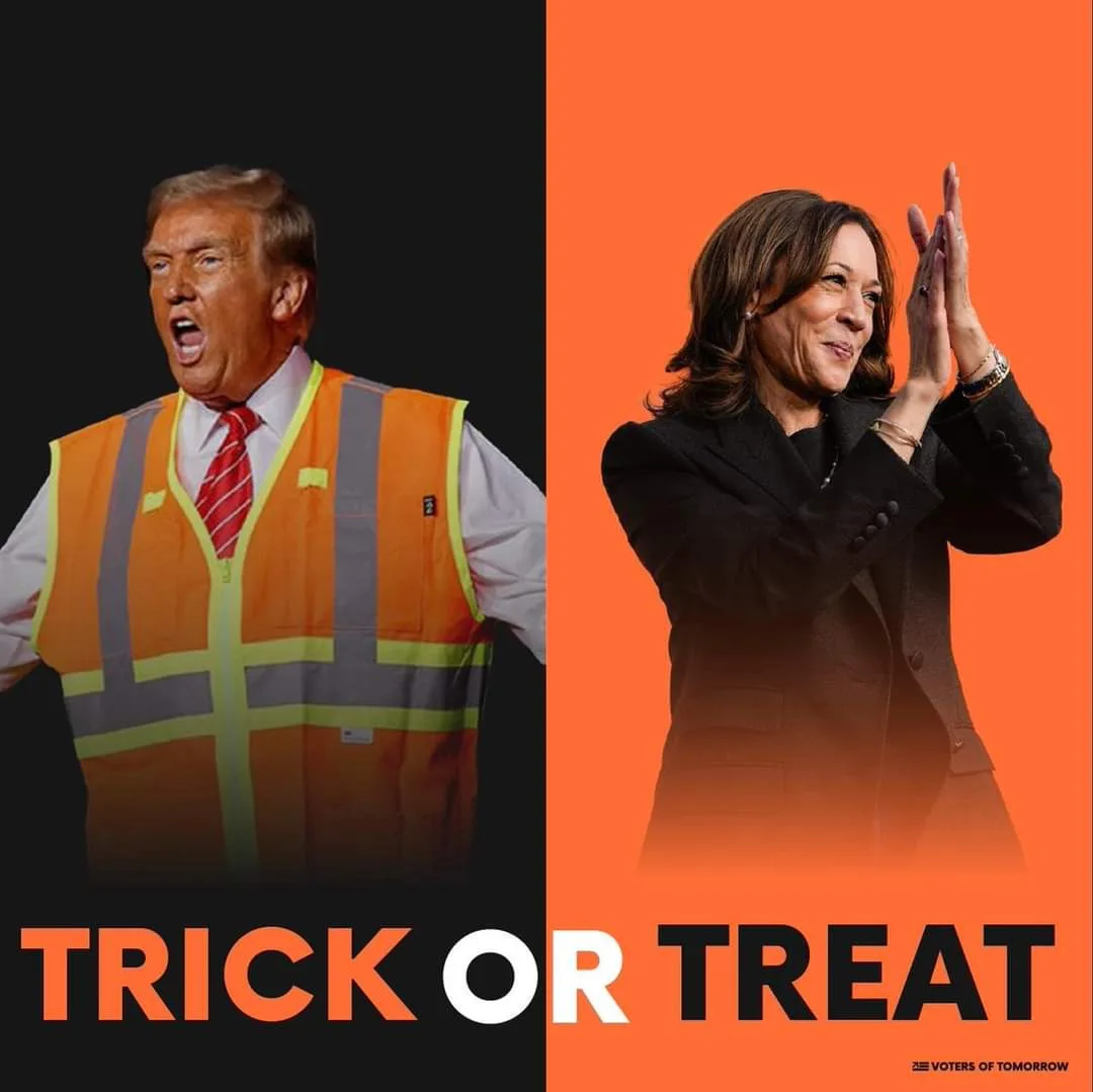 The image is split vertically: on the left, Donald Trump wears an orange construction vest over a shirt and tie, mouth open…