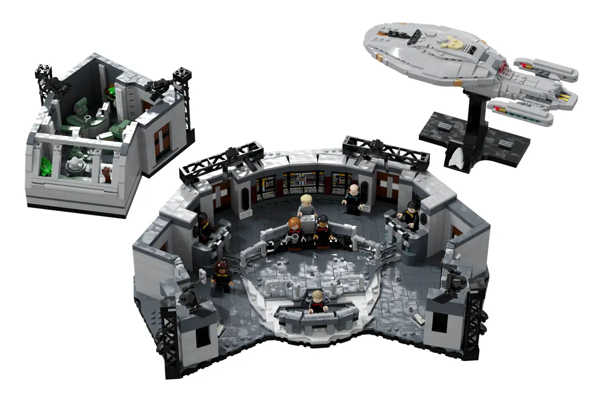 A product photo of a LEGO Star Trek Enterprise set, showing the bridge module with minifigures at consoles, the saucer…