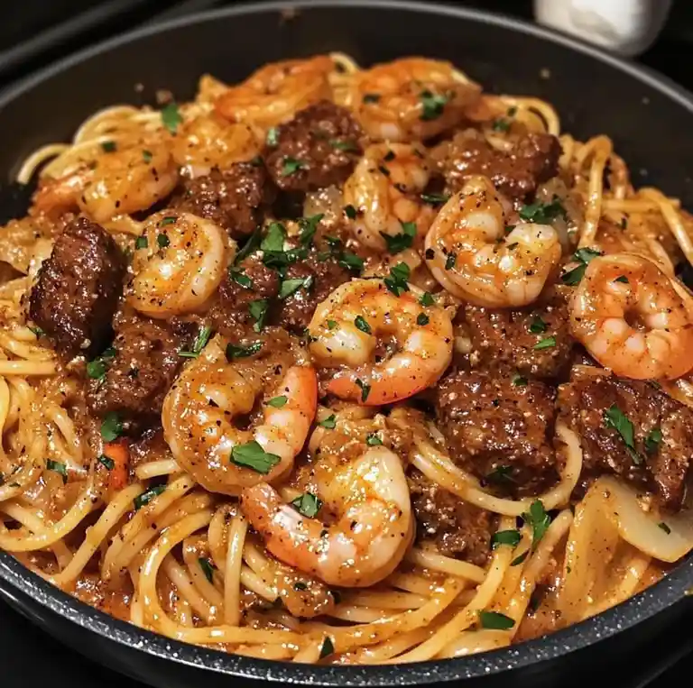 a close-up photo of a black skillet filled with spaghetti, generously topped with large cooked shrimp and chunks of browned…