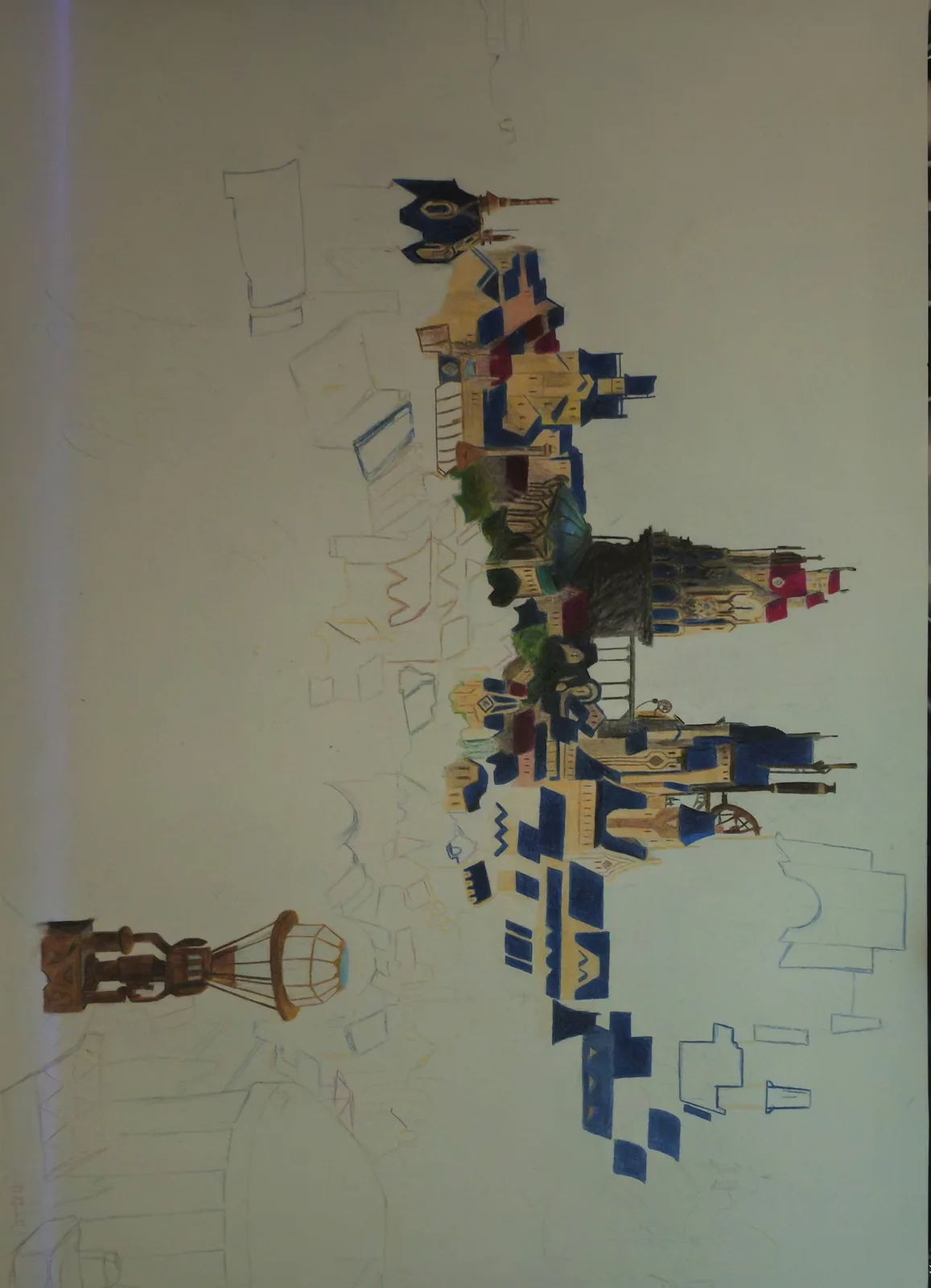 A hand-drawn, partially colored illustration of a fantasy castle or cityscape on paper, with visible pencil sketches and…