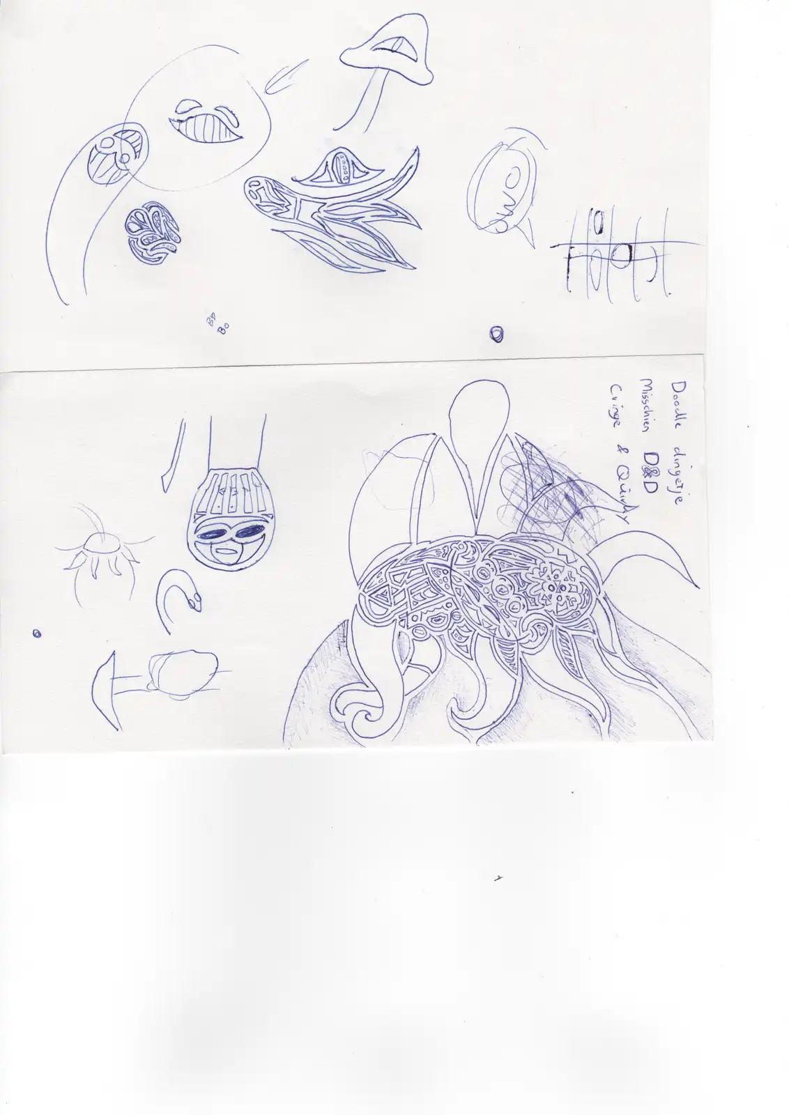 A blue ink sketch on white paper shows two sections of doodles. The top section has abstract shapes, a face with lips, and a…