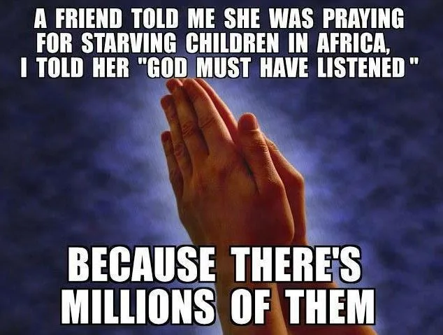 A pair of hands clasped in prayer against a dark blue, cloudy sky background. White bold text is overlaid in two sections…