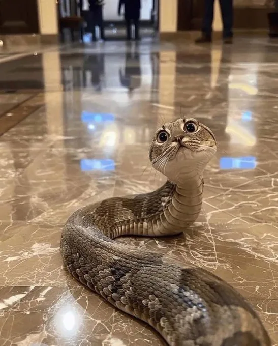 A snake with its head tilted upward and eyes wide open, appearing to look like a cat. The snake is on a polished marble…