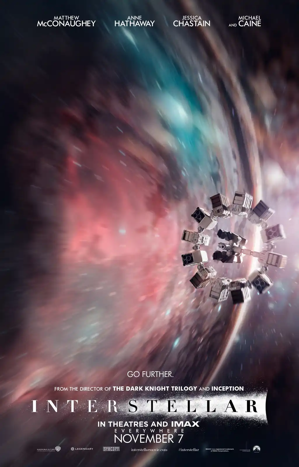 This is a movie poster for 'Interstellar' featuring a spacecraft traveling through a colorful cosmic tunnel with stars…