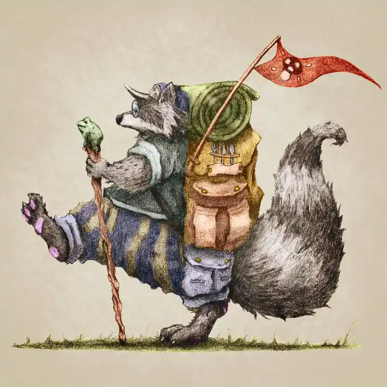 An anthropomorphic raccoon wearing glasses and a backpack with utensils and a rolled-up sleeping bag, holding a walking…