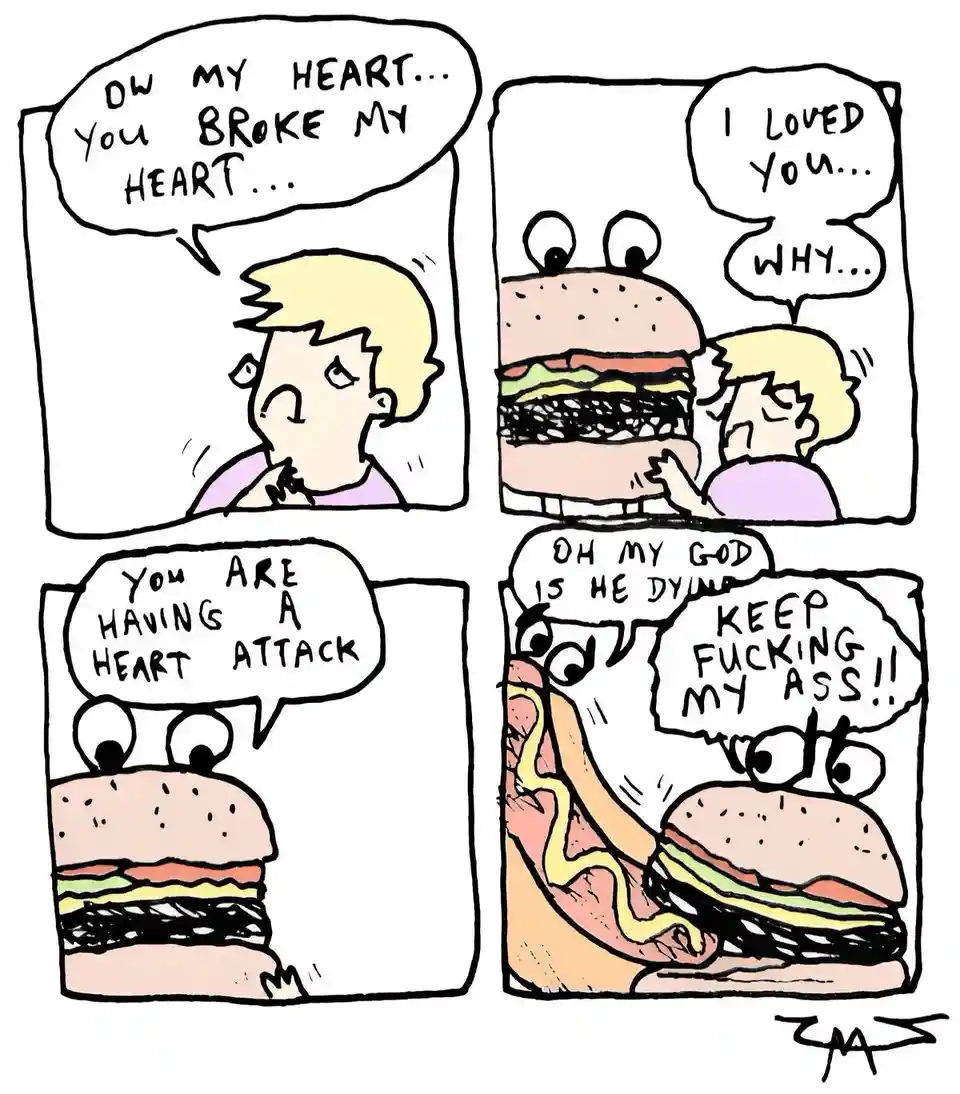 A four-panel comic strip shows a person in emotional distress, then being comforted by a sentient hamburger that expresses…