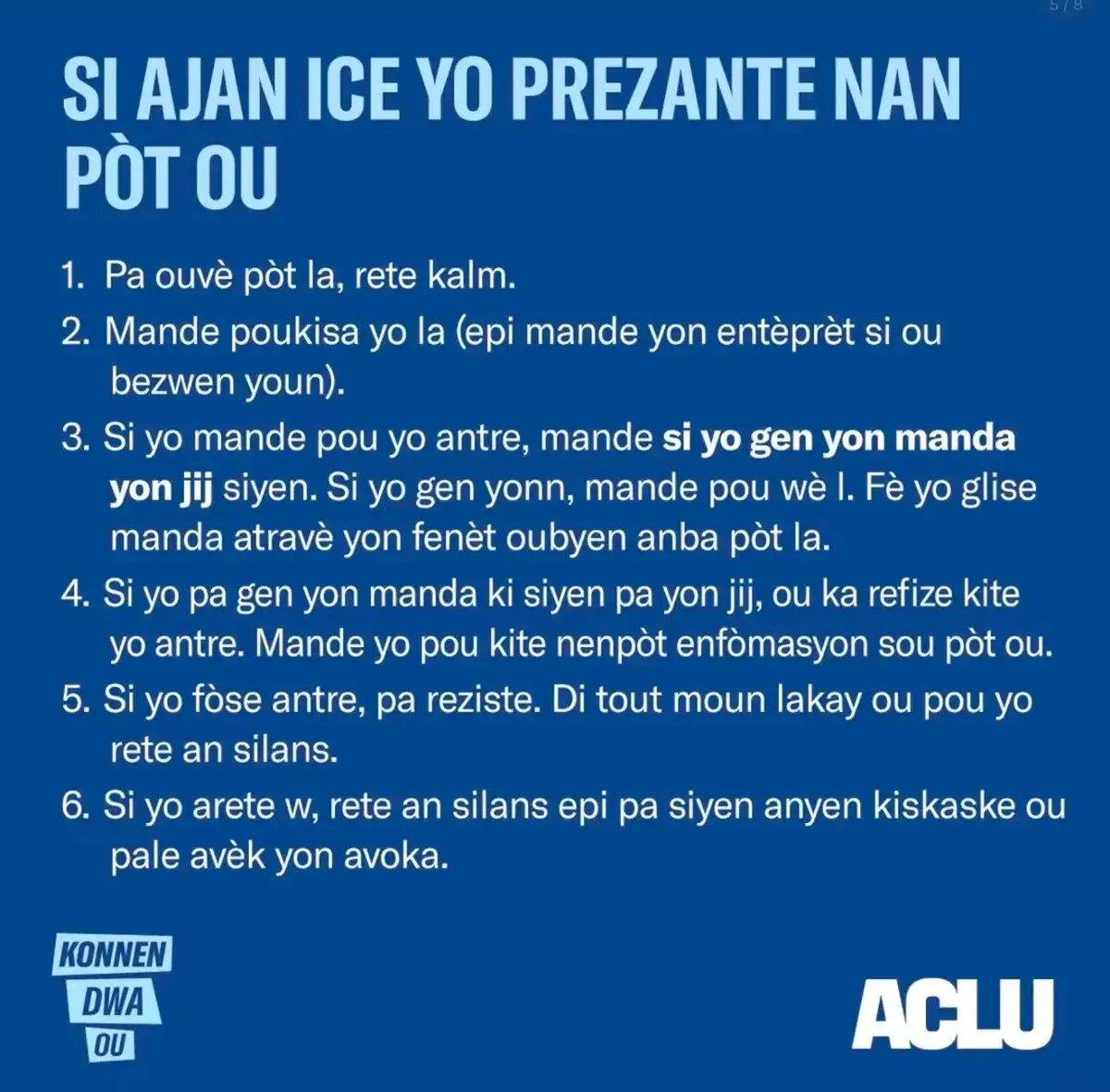 A blue background with white text in Haitian Creole outlining six steps for handling situations involving a doorbell or…