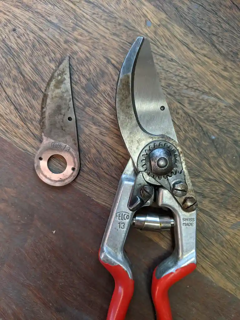 A pair of worn Felco 13 pruning shears with red handles lies on a wooden surface next to its detached, copper-colored blade…