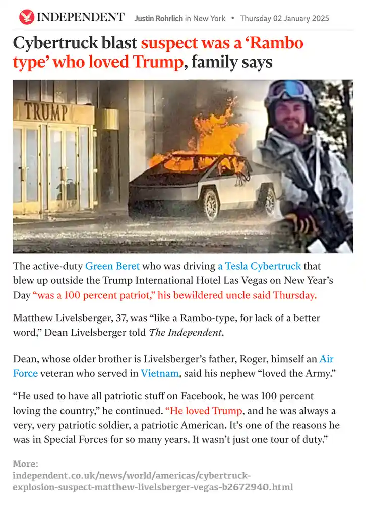 A newspaper article from The Independent features a photo of a burning Tesla Cybertruck parked outside a building with…