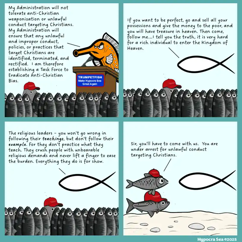 A four-panel comic strip featuring cartoon fish, one of which is an orange fish wearing a red MAGA-style hat and speaking…
