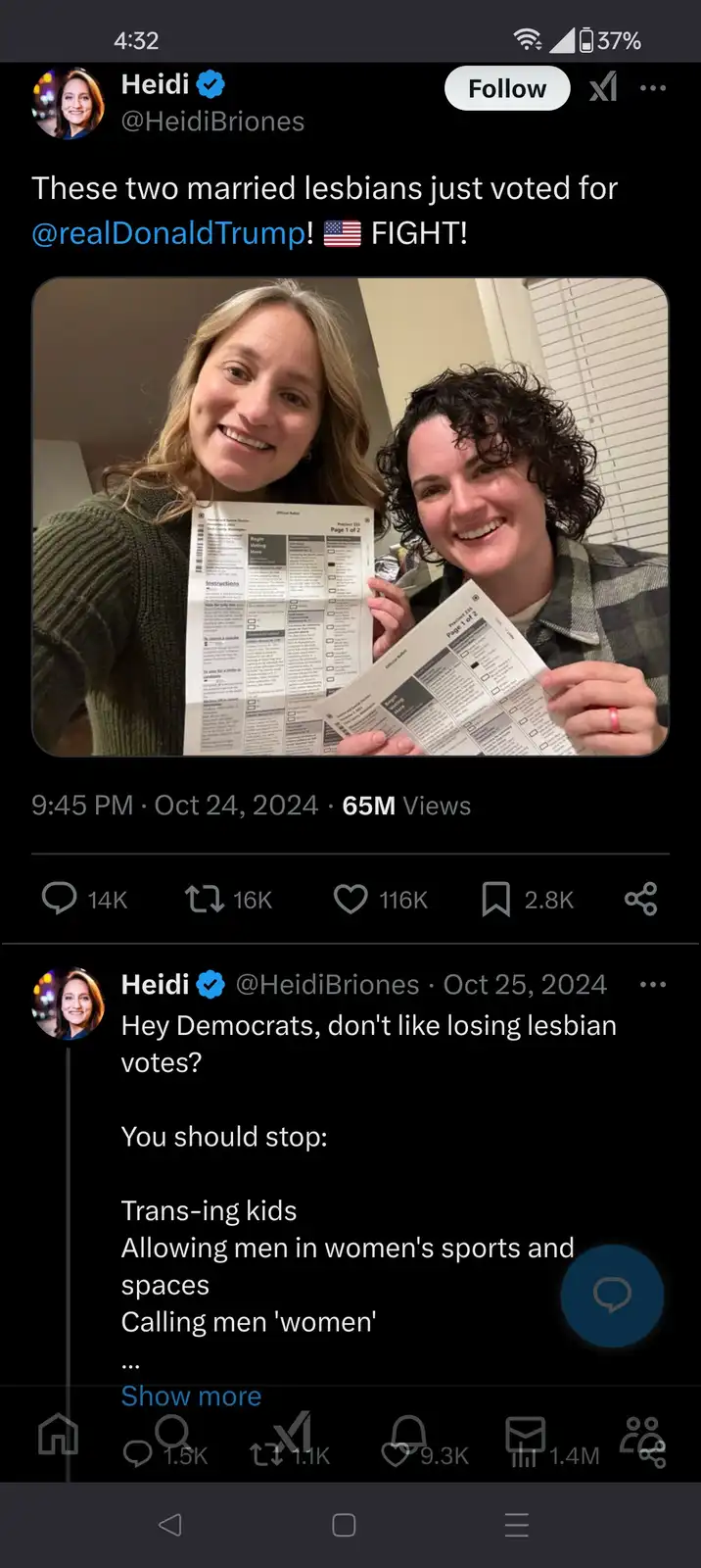 A screenshot of a social media post by Heidi Briones showing two smiling women holding up official ballots. The overlaid…