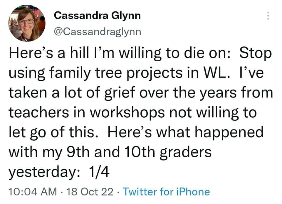 A screenshot of a tweet by Cassandra Glynn (@Cassandraglynn) expressing her strong opinion against using family tree…