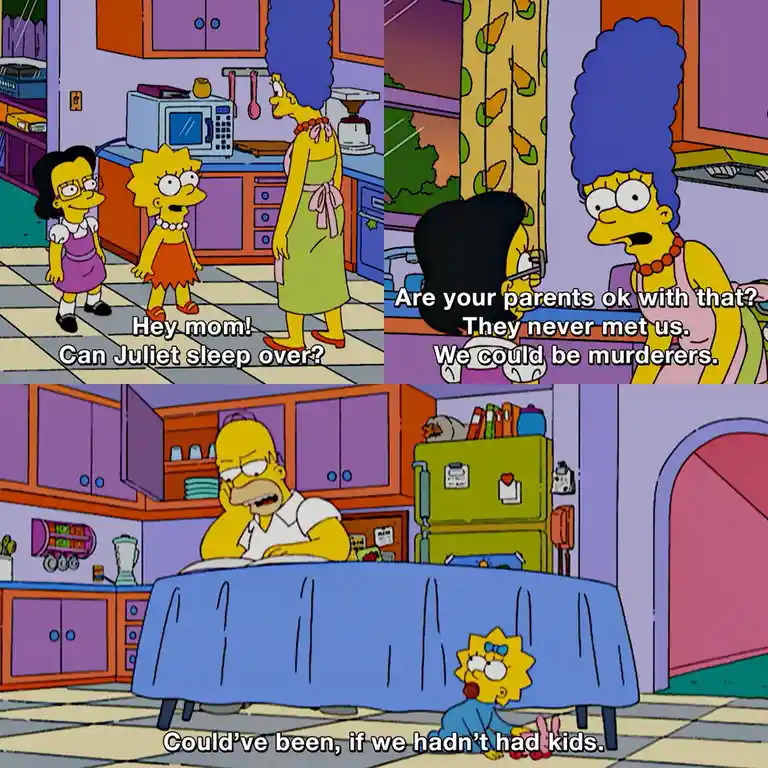 The image is a three-panel meme from The Simpsons. In the first panel, Lisa and her friend Juliet ask Marge if Juliet can…