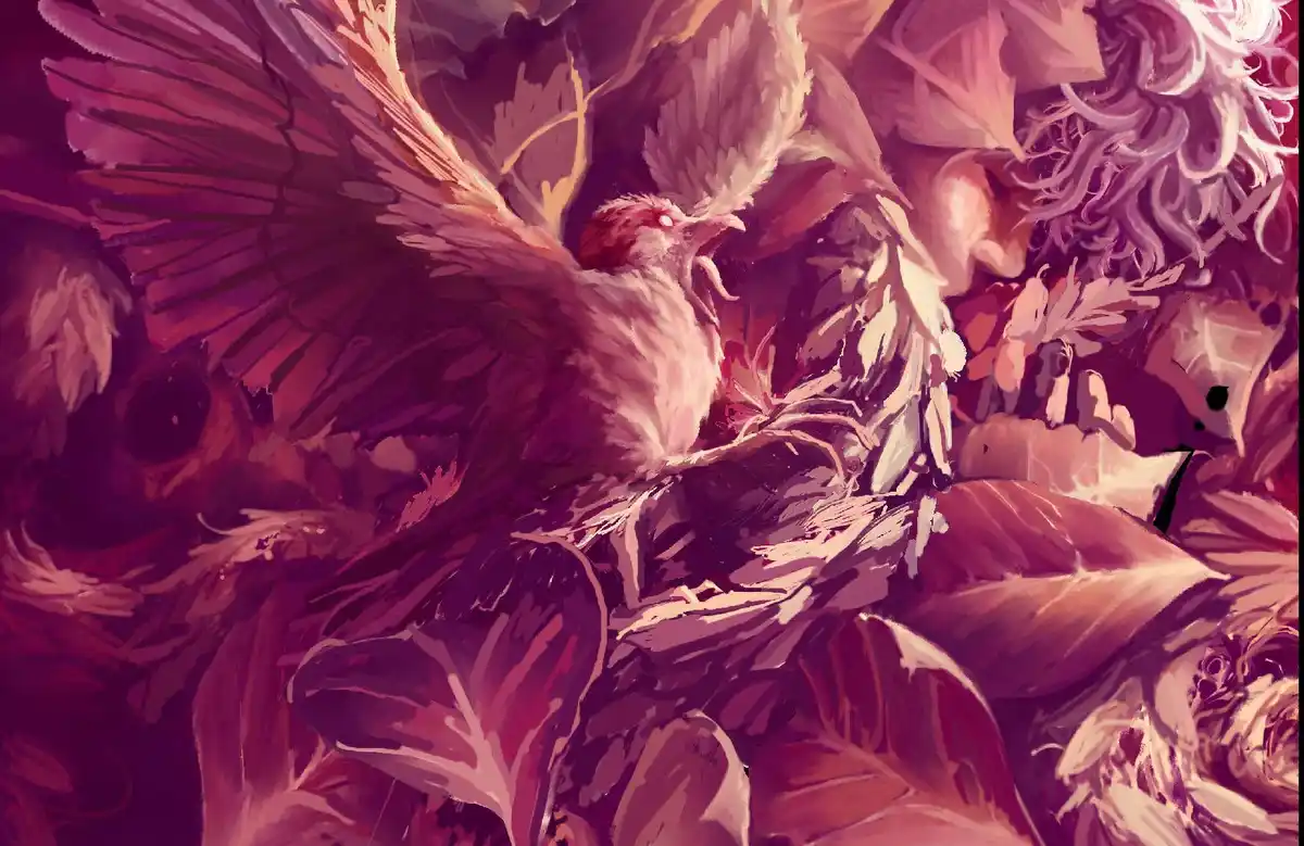 A stylized digital painting shows a small bird with outstretched wings and an open beak, seemingly crying or screaming…