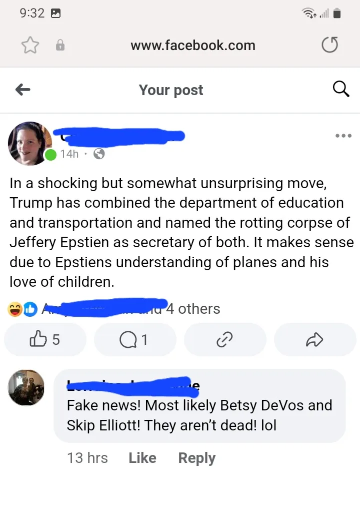 A screenshot of a Facebook post showing a user's comment jokingly claiming Trump combined two departments and appointed…