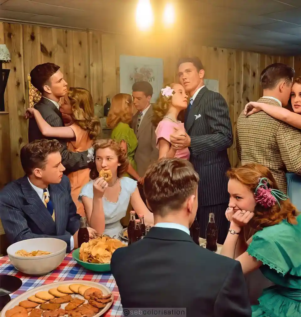 A vintage-style colorized photo depicts a 1950s-style party with multiple couples dancing and socializing in a…