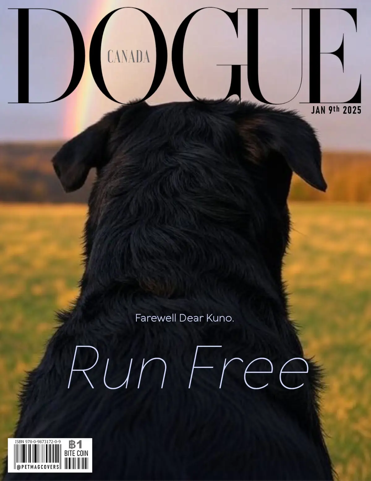 A black dog viewed from behind, sitting in a field with a rainbow in the background, overlaid with text mimicking a Vogue…