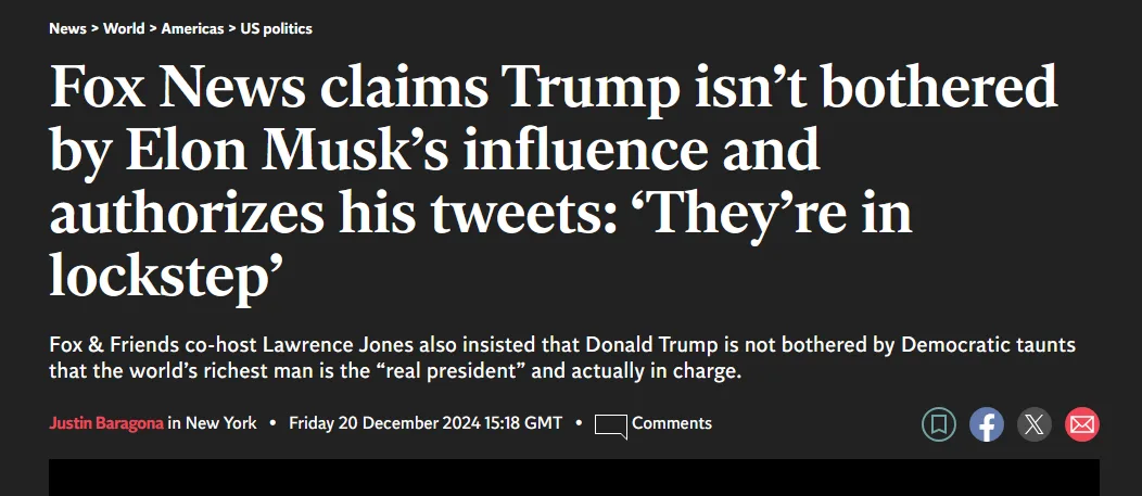 A screenshot of a Fox News article headline stating that Fox News claims Trump isn't bothered by Elon Musk's influence and…