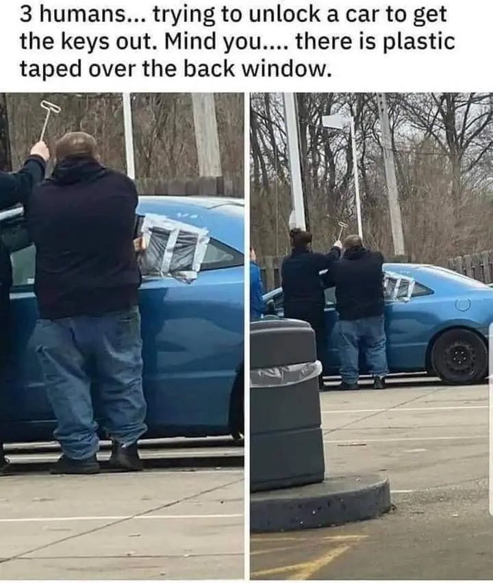Two side-by-side photos show three people using a long tool to try to unlock a blue car. The back window is covered with…