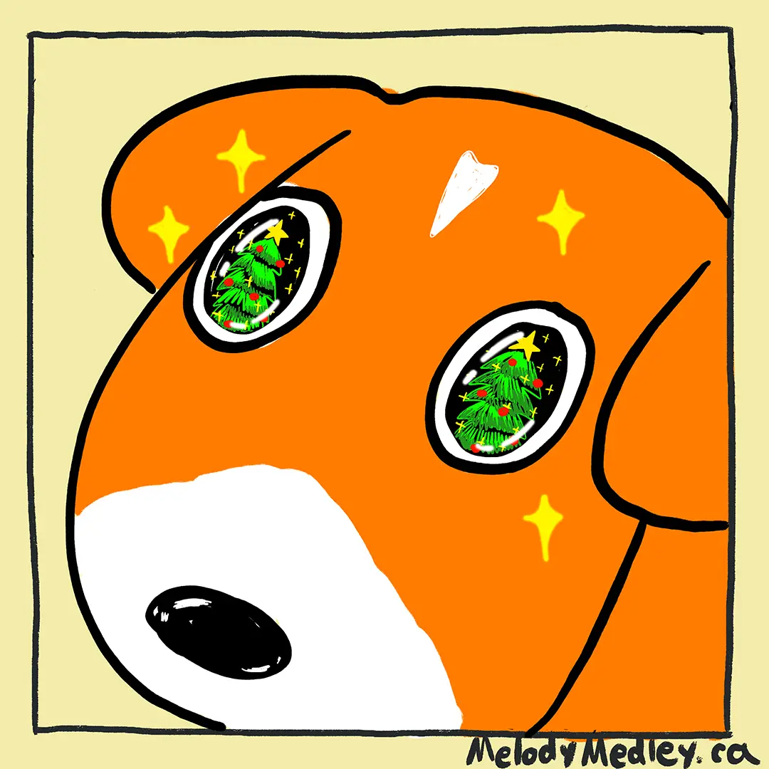 A cartoon drawing of an orange and white dog's face, with both eyes showing a decorated green Christmas tree inside them…