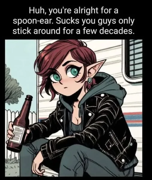 A cartoon elf woman with green eyes and pointed ears sits outside holding a beer bottle, looking mildly annoyed. The…