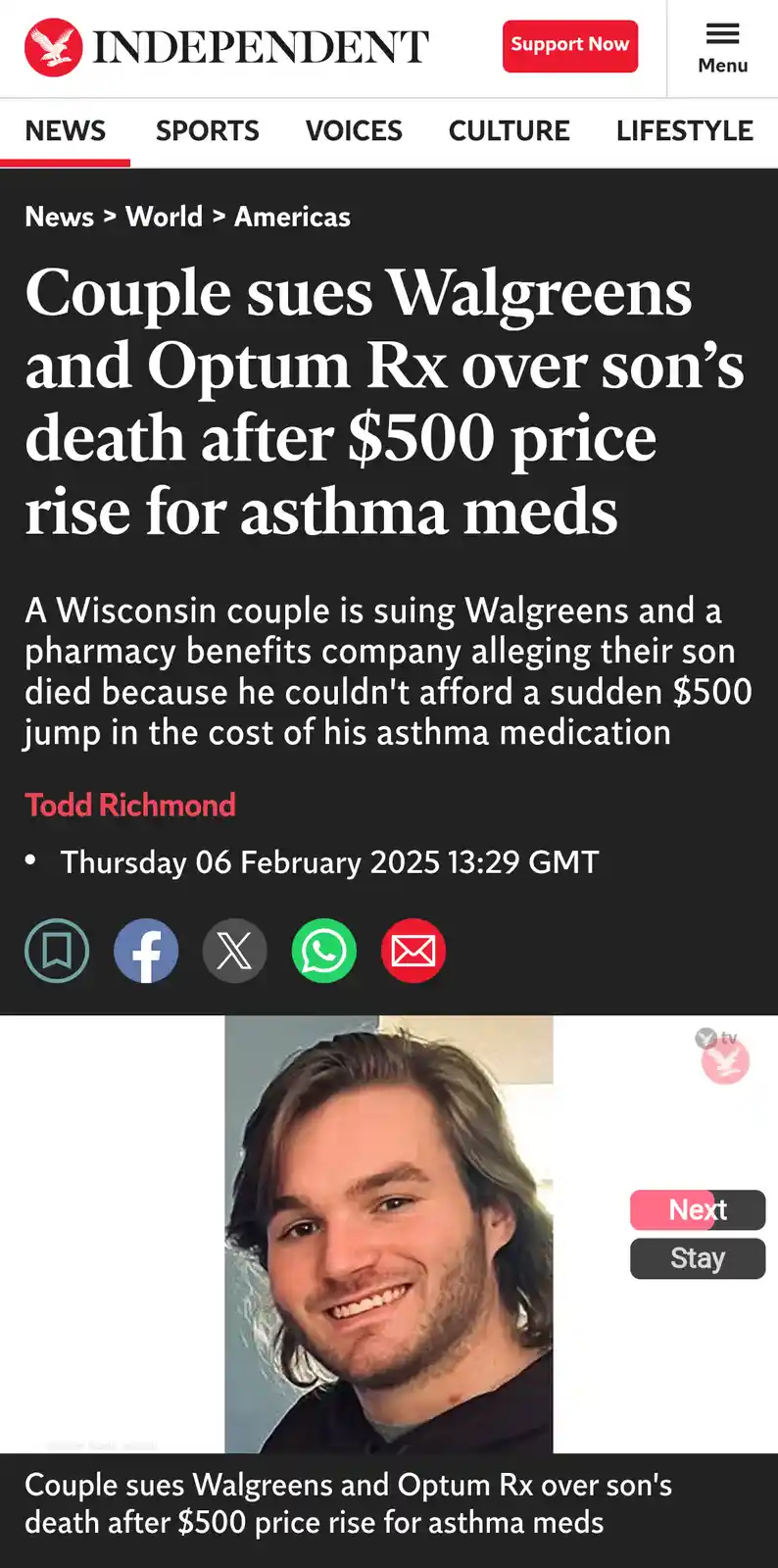 A screenshot of a news article from The Independent with the headline 'Couple sues Walgreens and Optum Rx over son's death…