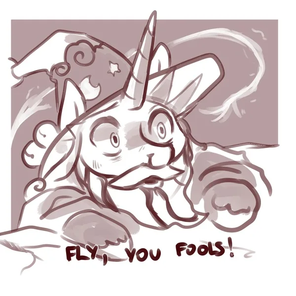 A sepia-toned sketch of a cartoon rabbit with a unicorn horn and angel wings, looking panicked and shouting. The rabbit is…