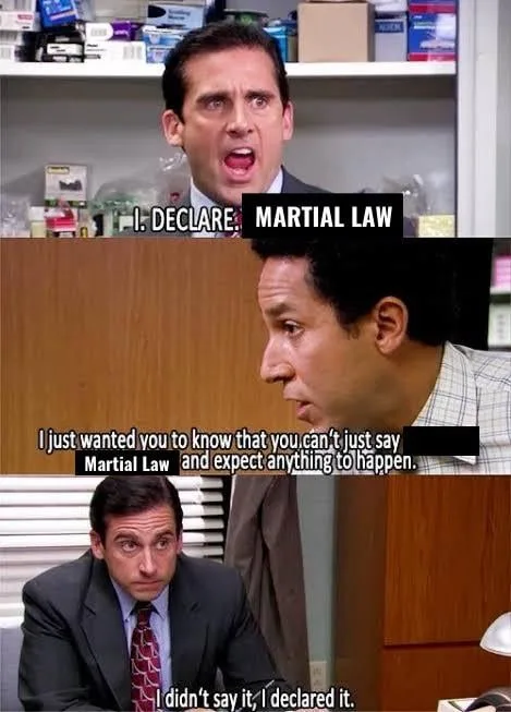 The meme features three panels from 'The Office' showing Michael Scott declaring martial law, then Jim Halpert responding…