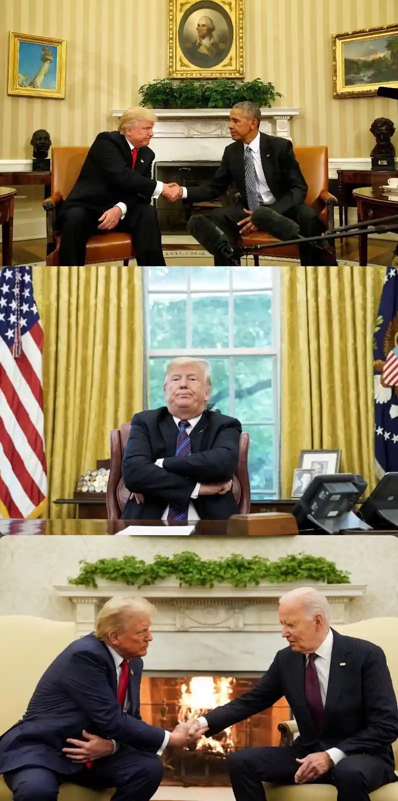 The image is a three-panel meme showing Donald Trump and Barack Obama shaking hands in the Oval Office, then Trump alone…
