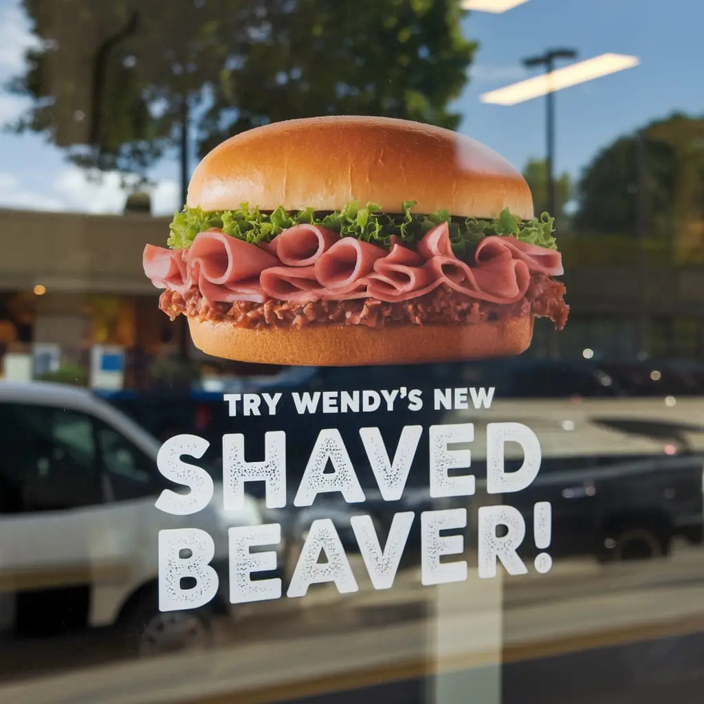 A Wendy's restaurant window displays an advertisement for a burger with a bun, lettuce, and layers of meat. The overlaid…