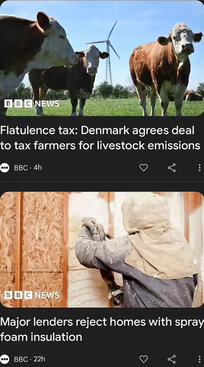 The meme juxtaposes two BBC News headlines: the top shows cows in a field with a wind turbine, captioned 'Flatulence tax…