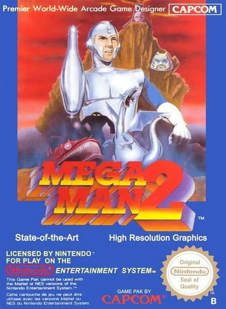 The image is the cover art for the video game Mega Man 2, featuring the titular robot hero in silver armor holding a weapon…