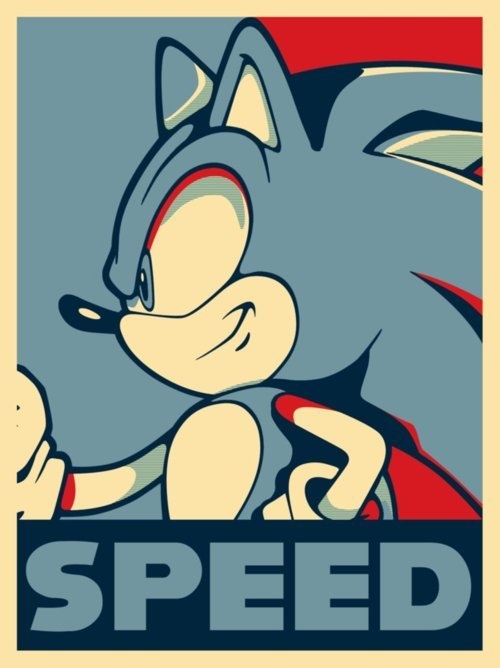 A stylized, posterized image of Sonic the Hedgehog, depicted in a confident, forward-leaning pose with a determined…