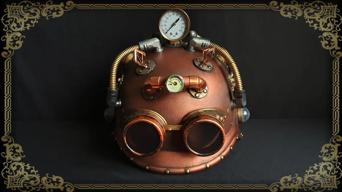 This Steampunk Large Helmet 0235W0001 features: goggles, main pressure gauge, pipes, air vent, turbine fan, steampunk…