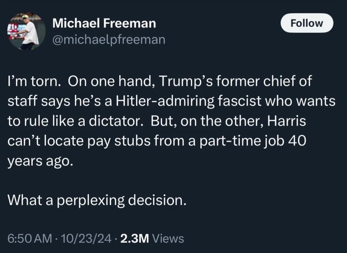 A screenshot of a tweet by Michael Freeman showing a dark-themed interface with his profile picture, username, and a long…