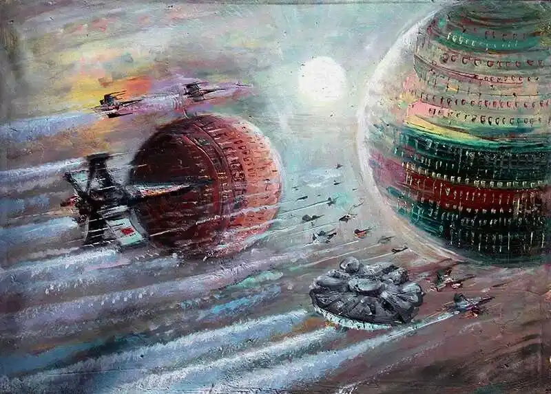 A painting depicts a space battle with Star Wars ships, including a Millennium Falcon and X-wings, near two large spherical…