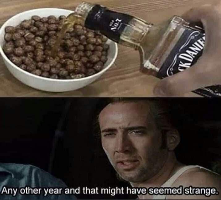 Top panel: A hand pours Jack Daniel's whiskey directly into a white bowl of chocolate cereal. Bottom panel: A close-up of…