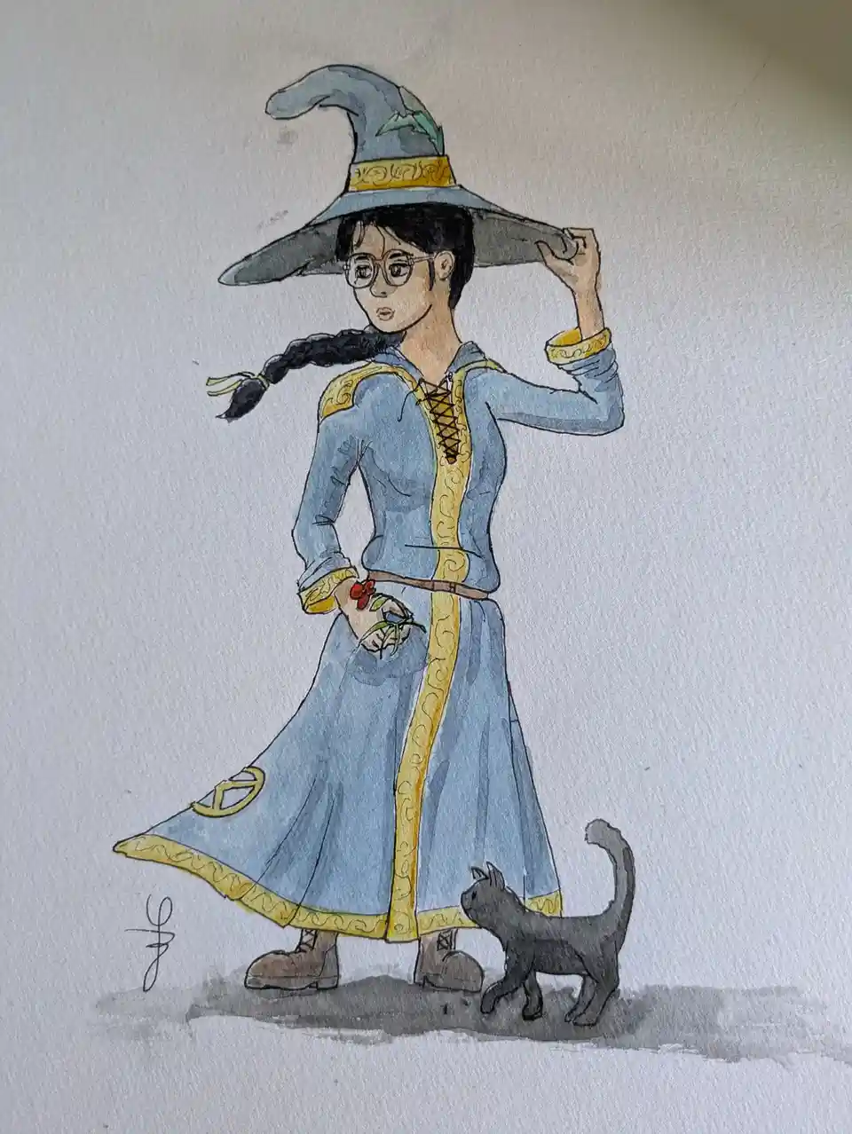 A watercolor drawing shows a person with glasses and a long braid wearing a blue wizard robe with gold trim and a large…