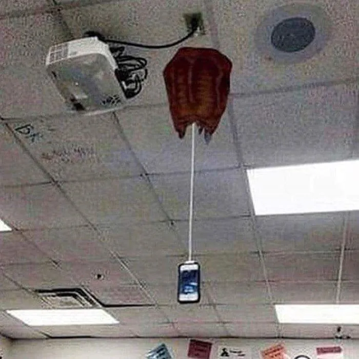 A smartphone hangs from a white string suspended from a red, leaf-shaped ceiling fixture in an office. Above it, a white…